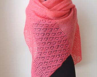 Coral Pink Mohair Shawl: Hand Knit Lace Bridal Wrap