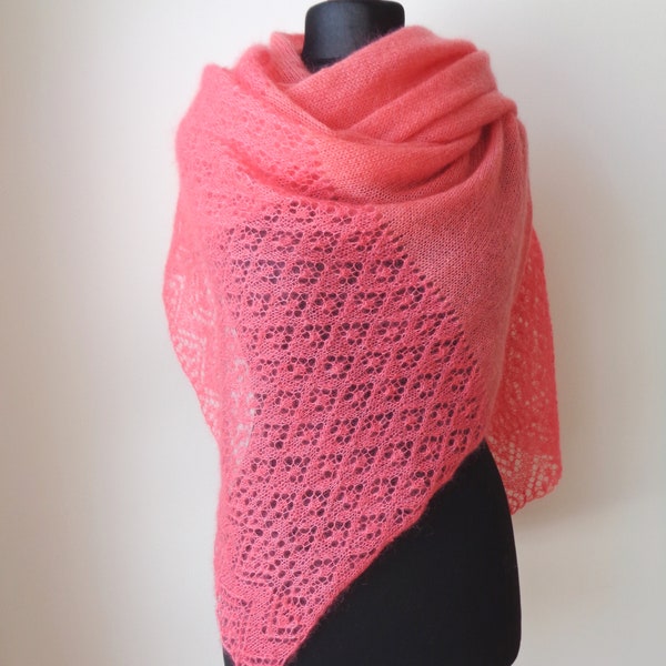 Mohair shawl Coral pink wedding wrap Knit lace shawl scarf Bridal wrap Coral mohair scarf Mohair silk wrap scarf with hand knitted lace