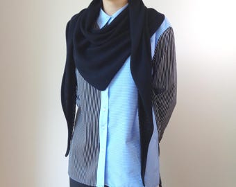 Triangle dark blue  scarf Long merino wool knit shawl wrap