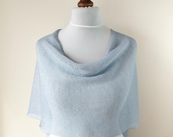 Cropped Linen Poncho: Light Blue Knit Women's Beach Cover Up