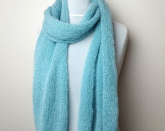 Light sea green blue Brushed alpaca silk scarf Knit wool shawl