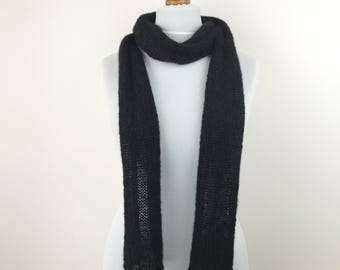 Skinny Knit Scarf Black Brushed Alpaca Silk Wool Narrow Scarf