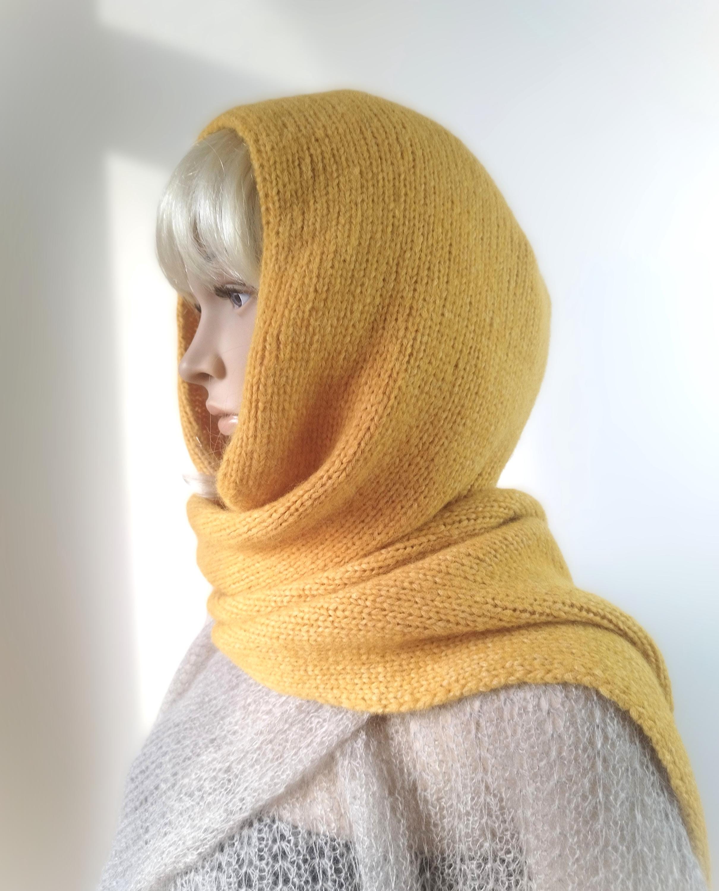 Yellow Alpaca Hooded Scarf Knit Wool Scarf With Hoodie - Etsy display picture 3