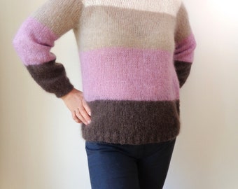 Mohair sweater Knit white, beige, pink, brown mohair silk women sweater pullover Hand knitted striped sweater