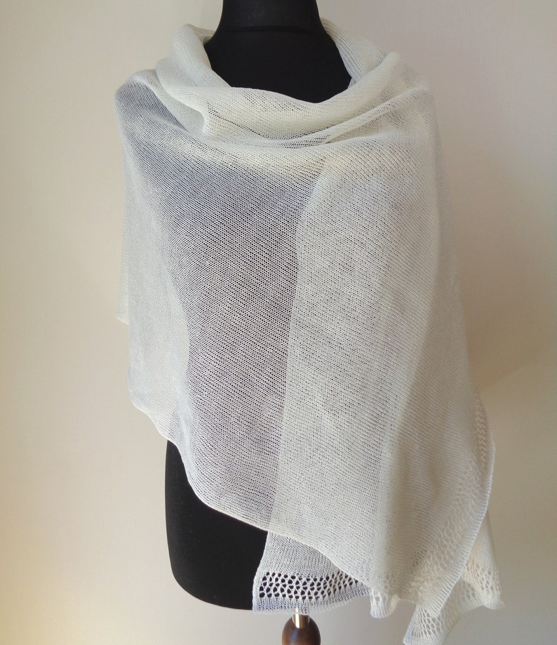 Ivory linen shawl Scarf for woman Wedding wrap Knit summer shawl Ivory white bridal wrap Natural linen scarf image 6