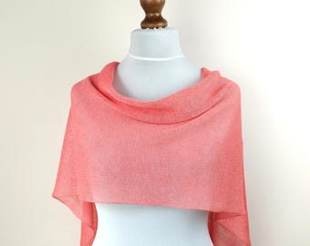 Cropped Linen Poncho: Coral Pink Knit Beach Cover Up, Women Top