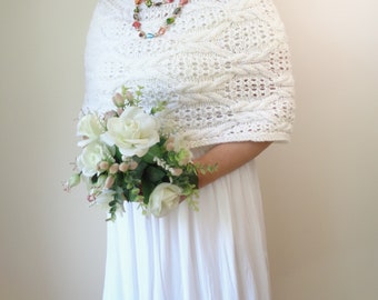 Ivory white alpaca cape poncho Hand knit wedding wrap with cables and lace