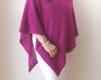Fuchsia Tweed Merino Poncho, Cashmere Silk Knit Cape