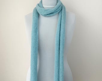 Skinny Knit Scarf Light Sea Green Blue Brushed Alpaca Silk Wool Narrow Scarf