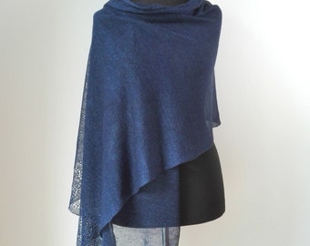 Knit Linen Shawl Wrap: Dark Navy Blue Scarf