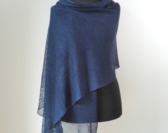 Linen shawl Blue linen wrap Knit natural linen scarf wrap shawl