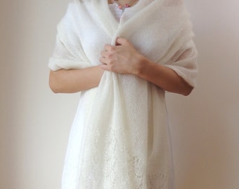 Knit Mohair Wedding Shawl, Ivory White Mohair Silk Scarf Wrap With Hand Knitted Lace