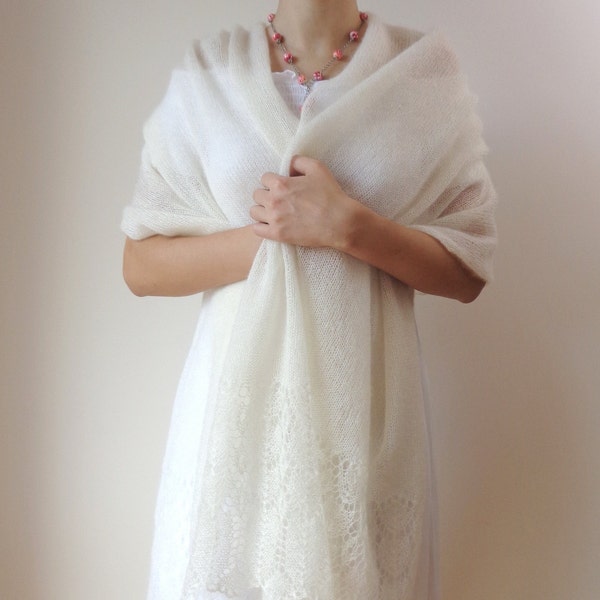 Mohair shawl Ivory white wedding wrap Knit lace shawl scarf Ivory white mohair silk scarf wrap with hand knitted lace