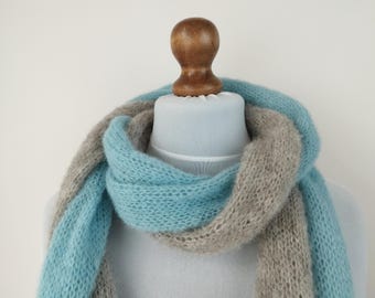 Set of 2 Skinny Scarves Brushed Alpaca Silk Wool Light Sea Green Blue and Light Grey Narrow Scarf