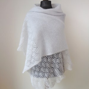 Mohair shawl Pearl  grey knit lace shawl scarf Bridal wrap light grey mohair silk shawl with hand knit lace