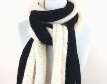 Set of 2 scarves Skinny Knit Scarves Off White and Black Brushed Alpaca Silk Wool Narrow Scarf