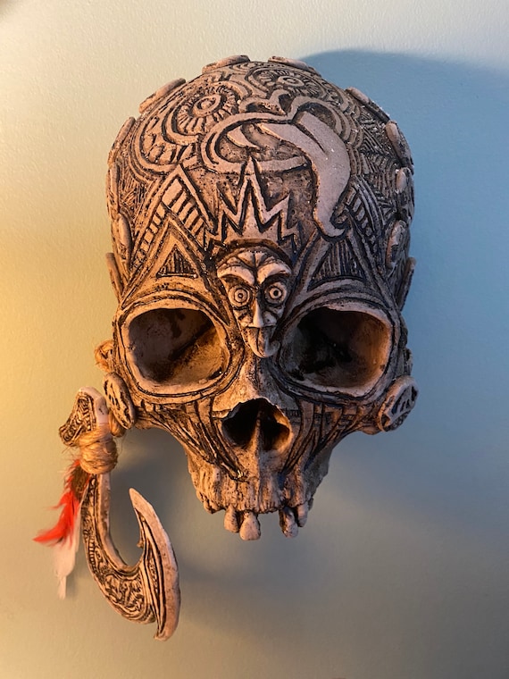 Tiki Wall Hung Real Human Skull Replica by Zane Wylie. Signed and