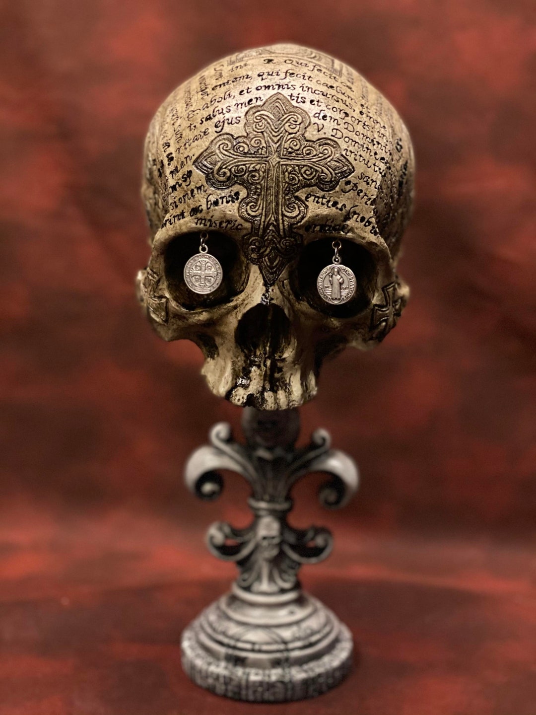 St. Benedict Theme Real Human Skull Replica Carved by Zane Wylie