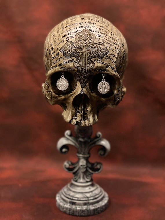 St. Benedict Theme Real Human Skull Replica Carved by Zane Wylie