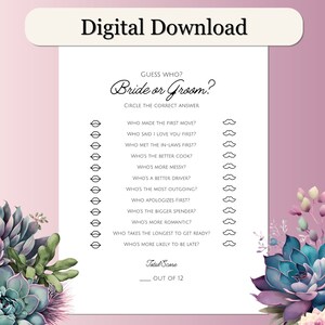 Guess who, Bride or Groom? He said She said Bridal Shower Games Printable Game Instant Download