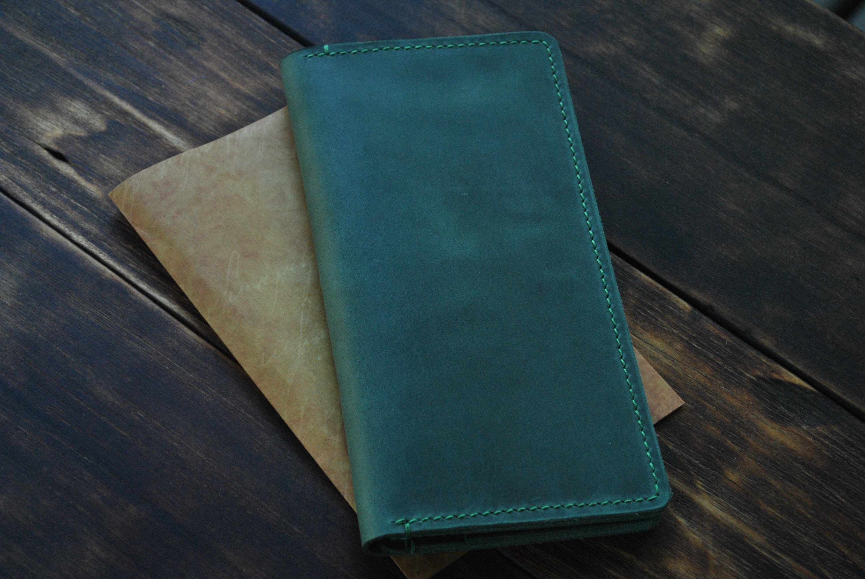 Green leather wallet Men's long bifold wallet | Etsy