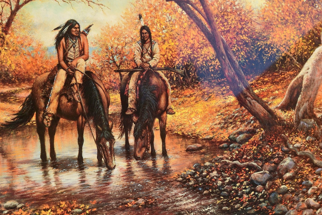 Very Large Native American Print: Horses, Riders, Autumn Landscape Hand ...
