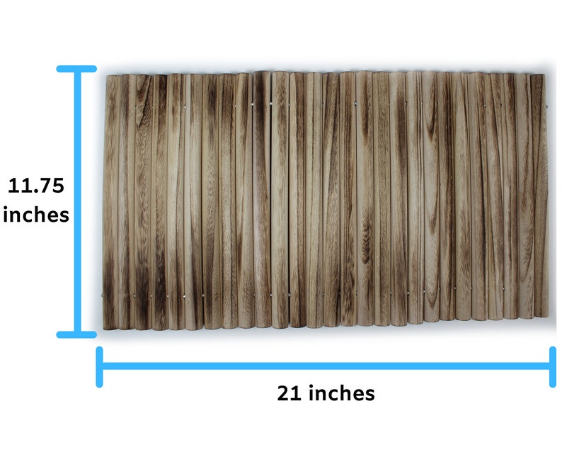 May include: A brown wooden slatted mat measuring 21 inches by 11.75 inches.