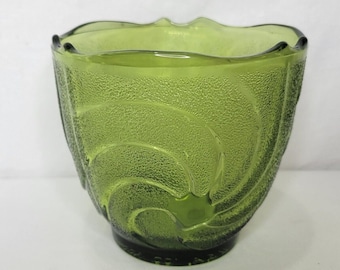 Vintage Avocado Green Glass Vase Textured Swirl Candle Holder EO Brody USA