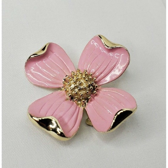 Vintage Dogwood Flower Brooch Pink Enamel Gold To… - image 9