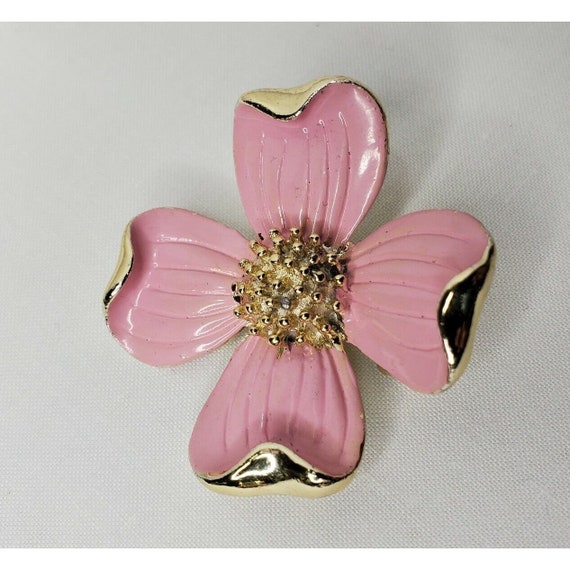 Vintage Dogwood Flower Brooch Pink Enamel Gold To… - image 7