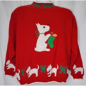 Vintage Christmas Sweater Scottie Dog Scottish Terrier Red White Green Large USA