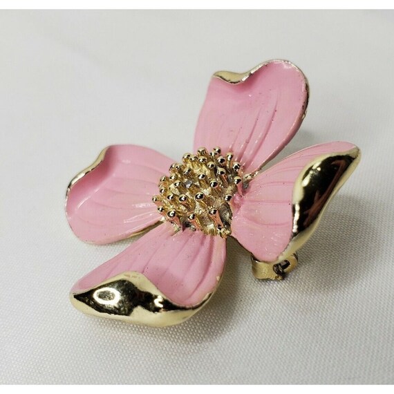 Vintage Dogwood Flower Brooch Pink Enamel Gold To… - image 2