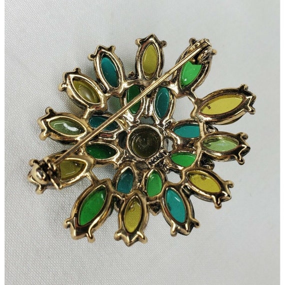 Vintage Brooch Green Rhinestones Gold Tone Dome… Gem
