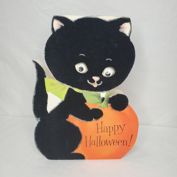 vintage Halloween Floqué Chat Noir Carte de Vœux Die Cut Stand Up Double Face