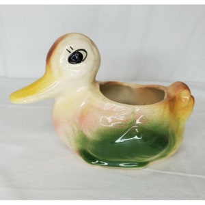 Vintage amerikansk bisque anka plantering keramik stora ögon gul grön rosa USA