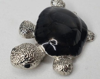 Vintage Turtle Brooch Silver Tone Black Enamel Figural Pin Nautical Marine Life