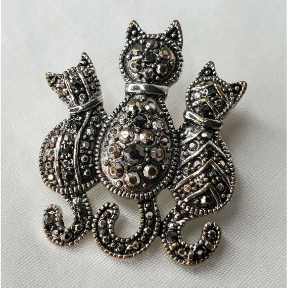 Vintage Cat Kitten Brooch Rhinestones Silver Tone… - image 1