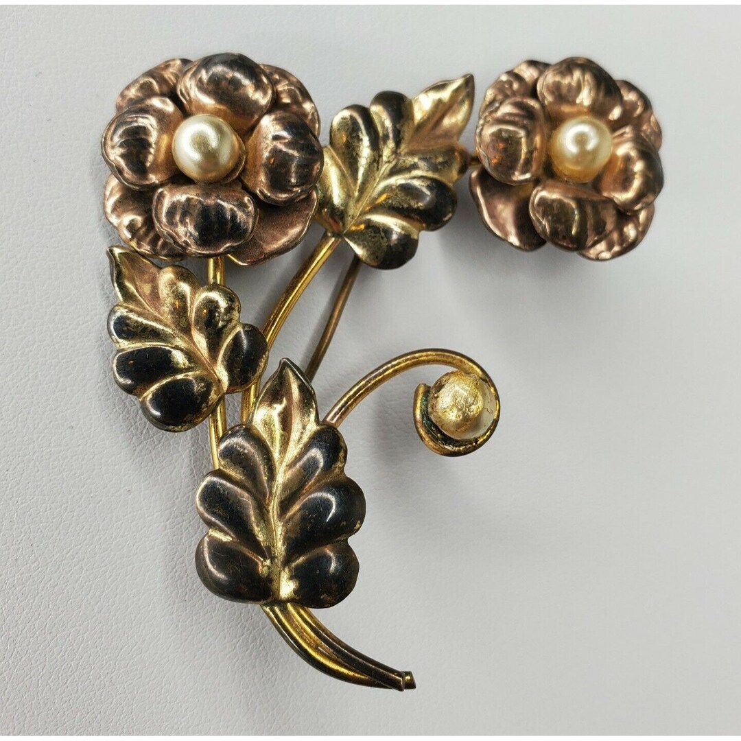 Broche Vintage Fleurs En émail Et Argent Massif Vermeil - Occasion Bon état