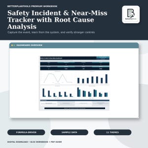 May include: A digital workbook titled Safety Incident & Near-Miss Tracker with Root Cause Analysis. The interface displays a dashboard with charts, graphs, and data tables in shades of dark blue and teal, featuring the BetterPlanTools logo.