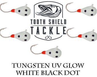 Tooth Shield Tackle UV Glow Tungsten Ice Fishing Jigs 5-Pack Crappie Perch Bluegill Panfish Jig 5mm (White Black Dot)