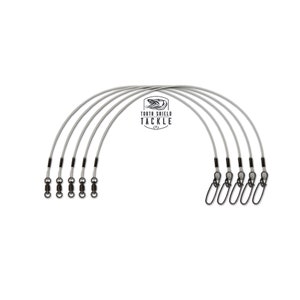 May include: Set of six silver fishing leader wires with black swivels and black snap swivels. The wires are curved into an arc shape. The product is labeled "Tooth Shield Tackle".