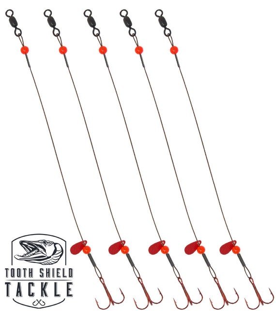 Tooth Shield Tackle 5 - Pack Ice fishing Tip-Up Rigs Tip Up Leader Northern  Walleye Pike Muskie Predator Rigs (Red Bead / Flipper Blade)