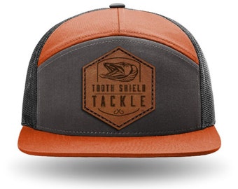 Tooth Shield Tackle Richardson 168 Leather Patch Hat Fishing Hat Ice Fishing Hat Musky Pike Walleye Ball Cap (Charcoal/Burnt Orange/Black)