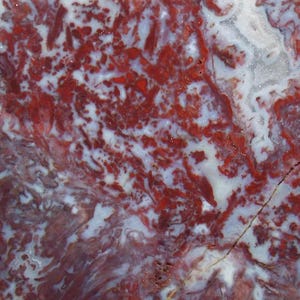 May include: Close-up of a red and white agate stone with a natural crack running through it. The stone has a swirling pattern of red and white.
