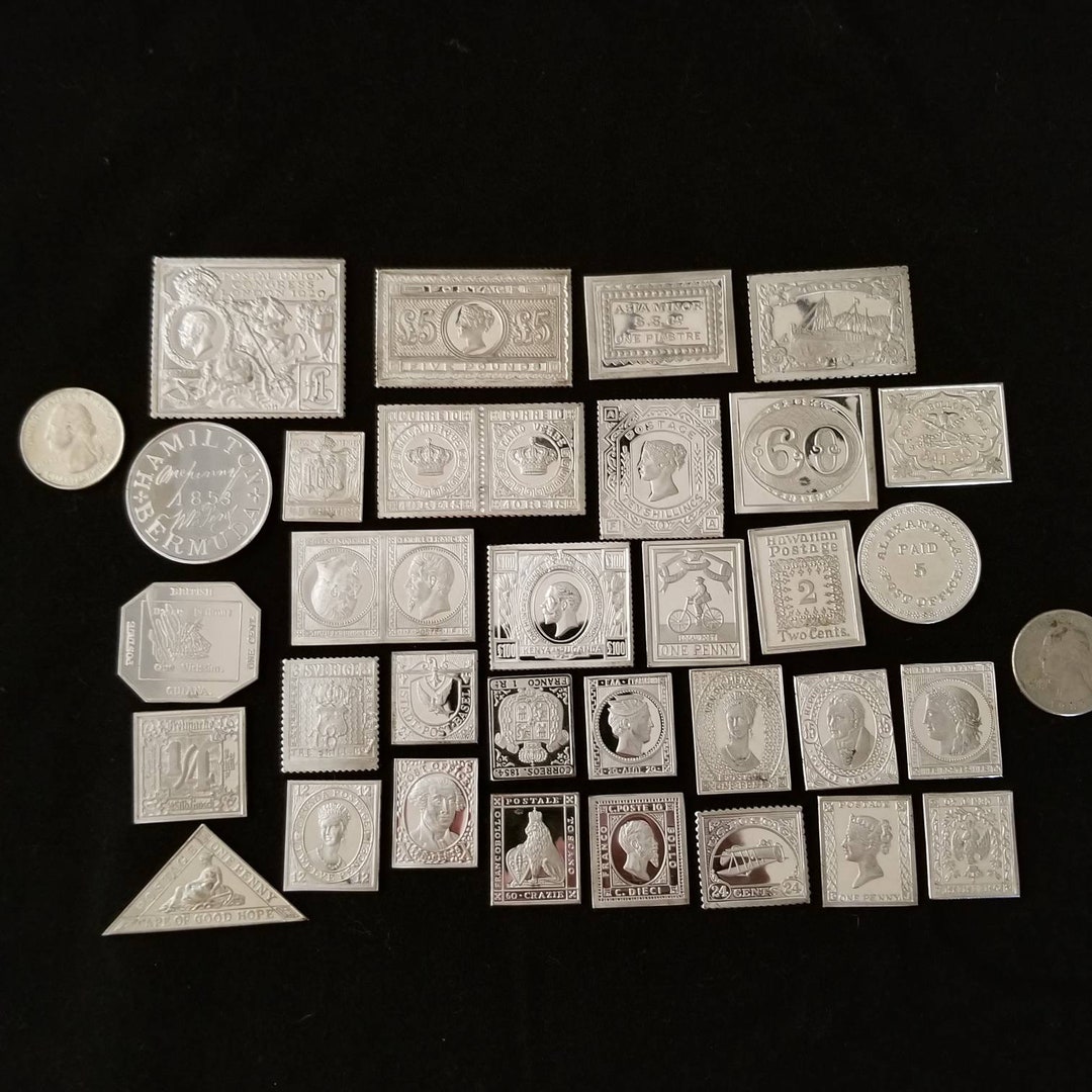 32 World Rare Postage Stamps Sterling Silver Ingot First Issue Stamps
