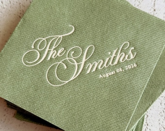 Personalized Green Wedding Napkins, Custom Cocktail Napkins with Names, Elegant Reception Decor, Linen Feel