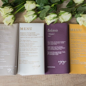 Tarjeta de menú de boda impresa en servilletas, Servilletas personalizadas, Lámina de oro, CENA de boda, Menú de boda imprimible, Servilletas de boda, Decorpress