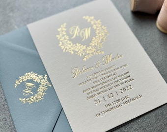 Invitation Cards, Wedding Invitations with minimalist design, invitation uniqe design, rosé gold foil, letterpress, gold foil, real foil