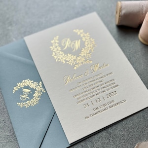 Einladungskarte, Hochzeitseinladung mit minimalistischem Design, Einladung, Letterpress, Gold folie,