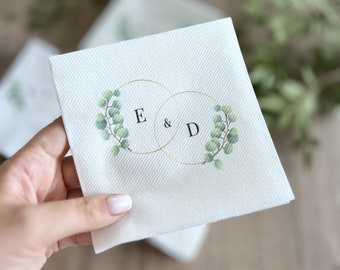 Colorful Monogram Napkins, Full Color Cocktail Napkins, Personalized Napkins, eucalyptus wreath,  Luncheon, Dinner napkins, Guest towels